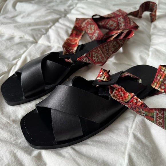 Zara BOHO Aztec ribbon wrap leather sandals - Picture 5 of 9